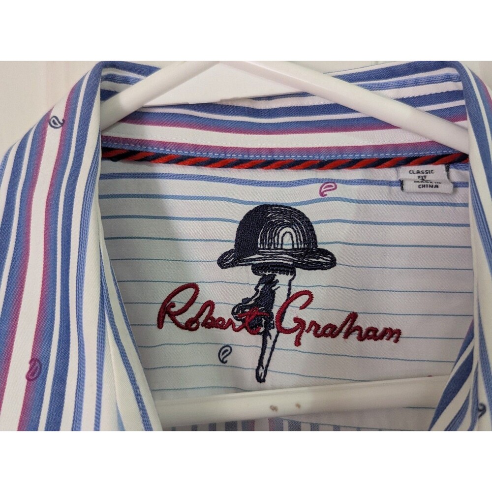 Robert Graham Button Up Shirt Mens Large White Blue Paisley Striped Flip Cuff - Picture 7 of 9